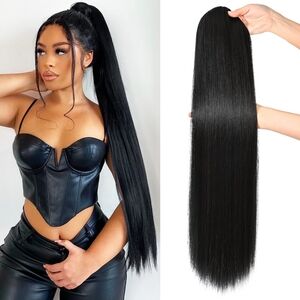 32” Long Straight Black Ponytail —‎ Drawstring Clip-In Extension Heat Resistant